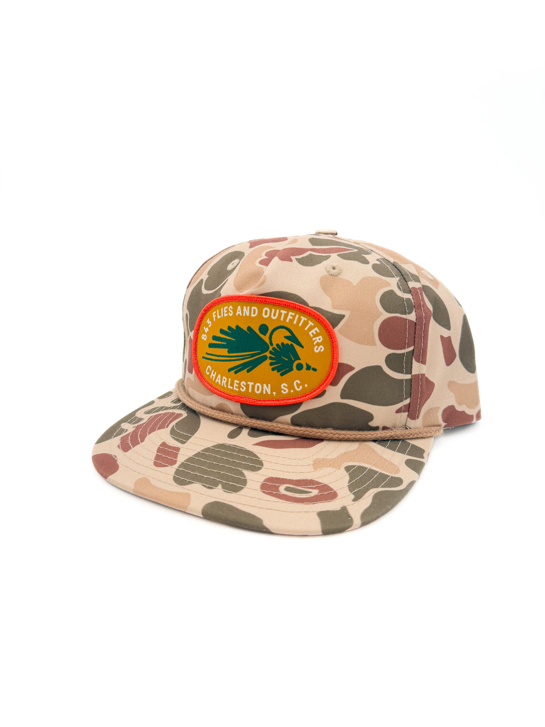 Harvest camo flatbill hat with embroidered fly patch and braided rope trim