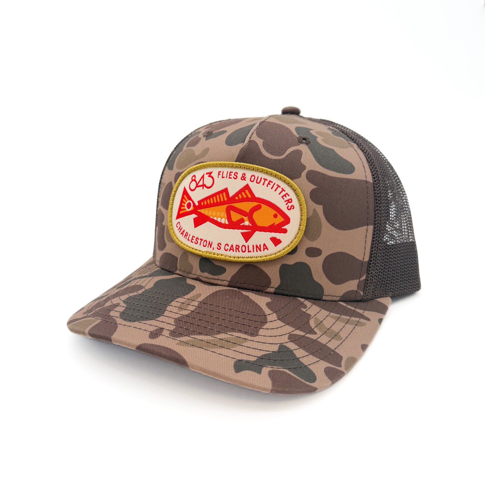 843 Trucker Hat in Duck Camo and Brown with Redfish Embroidery