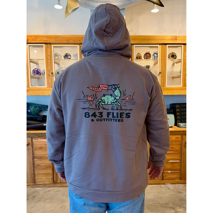 Back view of King Fiddler Shiitake hoodie featuring large Charleston crab graphic and 843 Flies Outfitters text