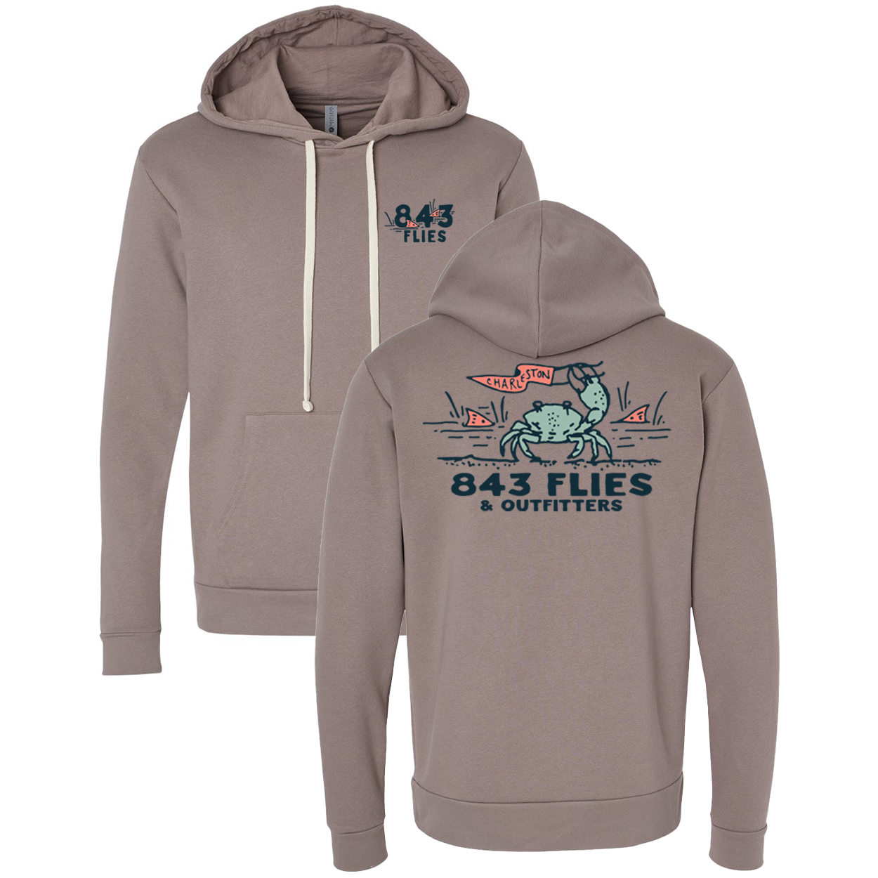 Front and back detail of heathered taupe pullover hoodie with small chest logo and large crab print design