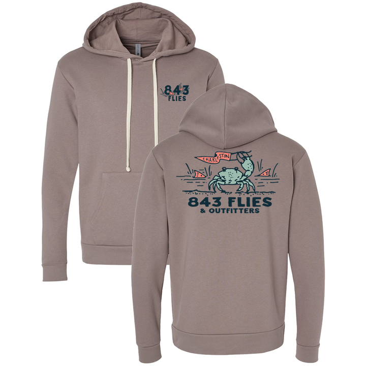 Front and back detail of heathered taupe pullover hoodie with small chest logo and large crab print design
