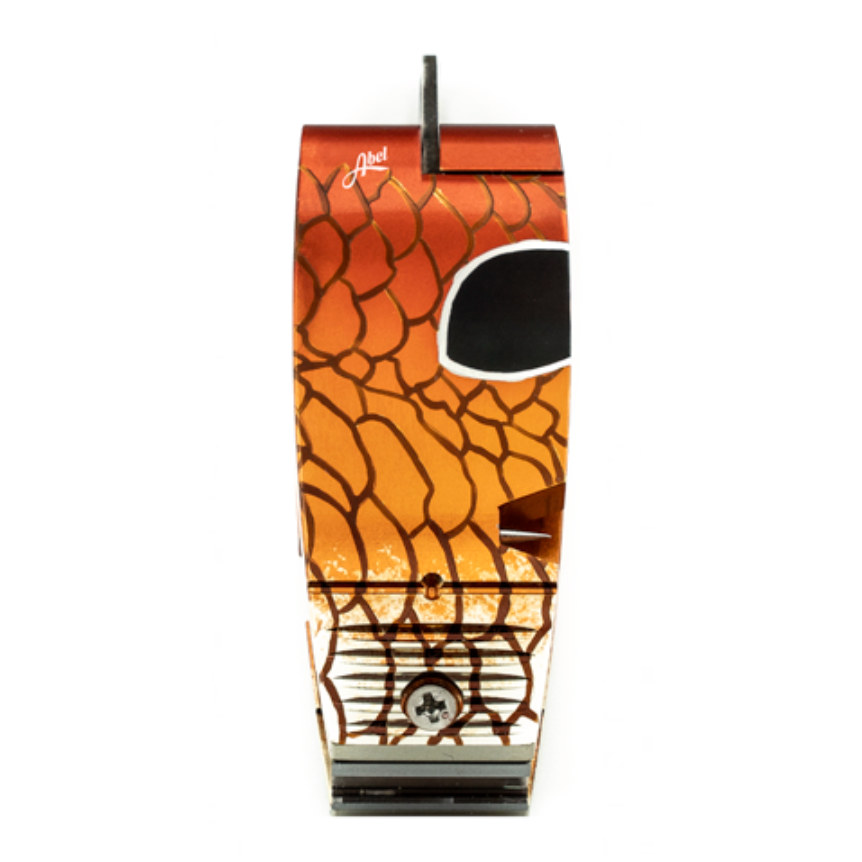Abel Nipper fishing tool with red-orange anodized finish and fish scale pattern