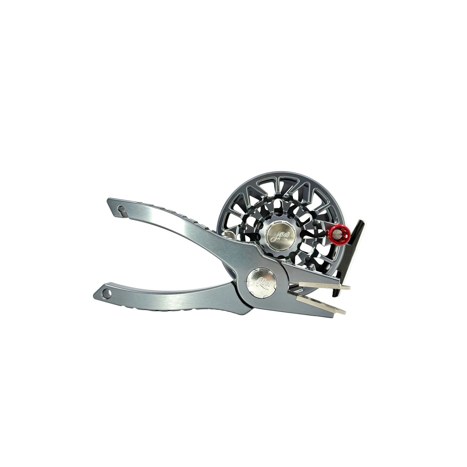 Side view of Abel SDS 7/8 fly reel showing ported spool and brushed metal pliers