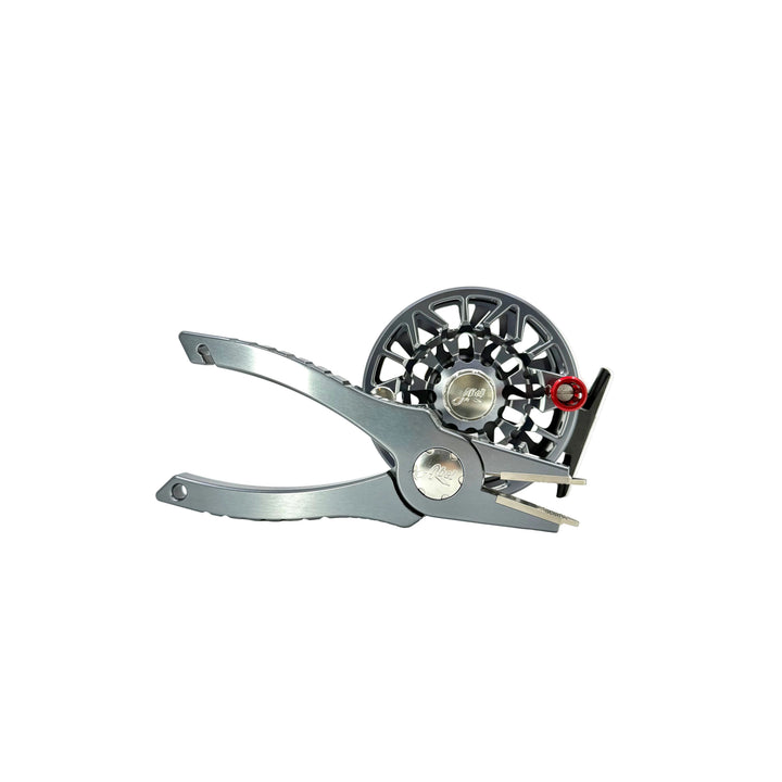 Side view of Abel SDS 7/8 fly reel showing ported spool and brushed metal pliers