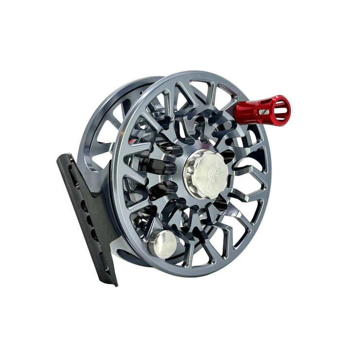 Abel SDS 7/8 fly reel in slate grey with red handle knob and large arbor design