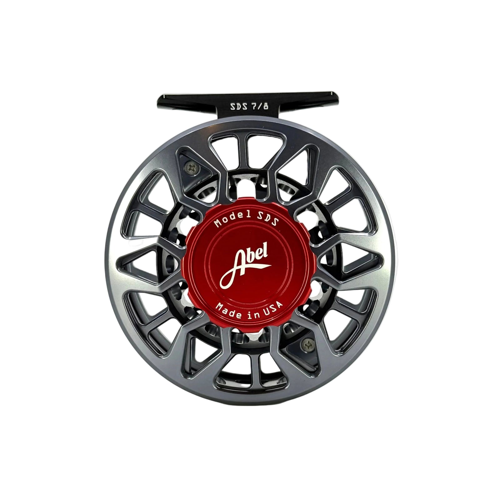 Front view of Abel SDS 7/8 fly reel showing red drag knob and Made in USA engraving