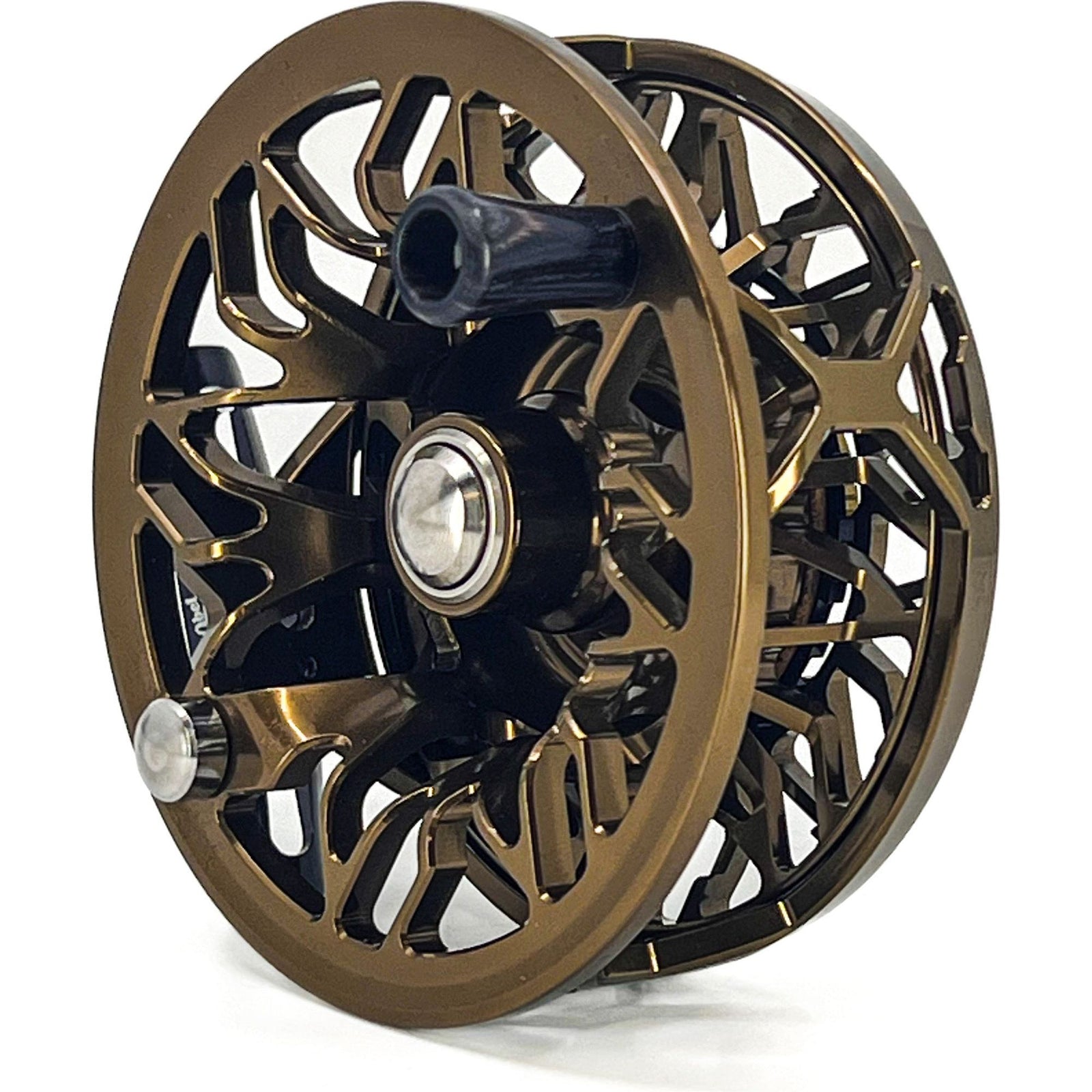 Side view of Abel Rove 5/7 fly reel showing bronze open-frame spool and cork drag knob