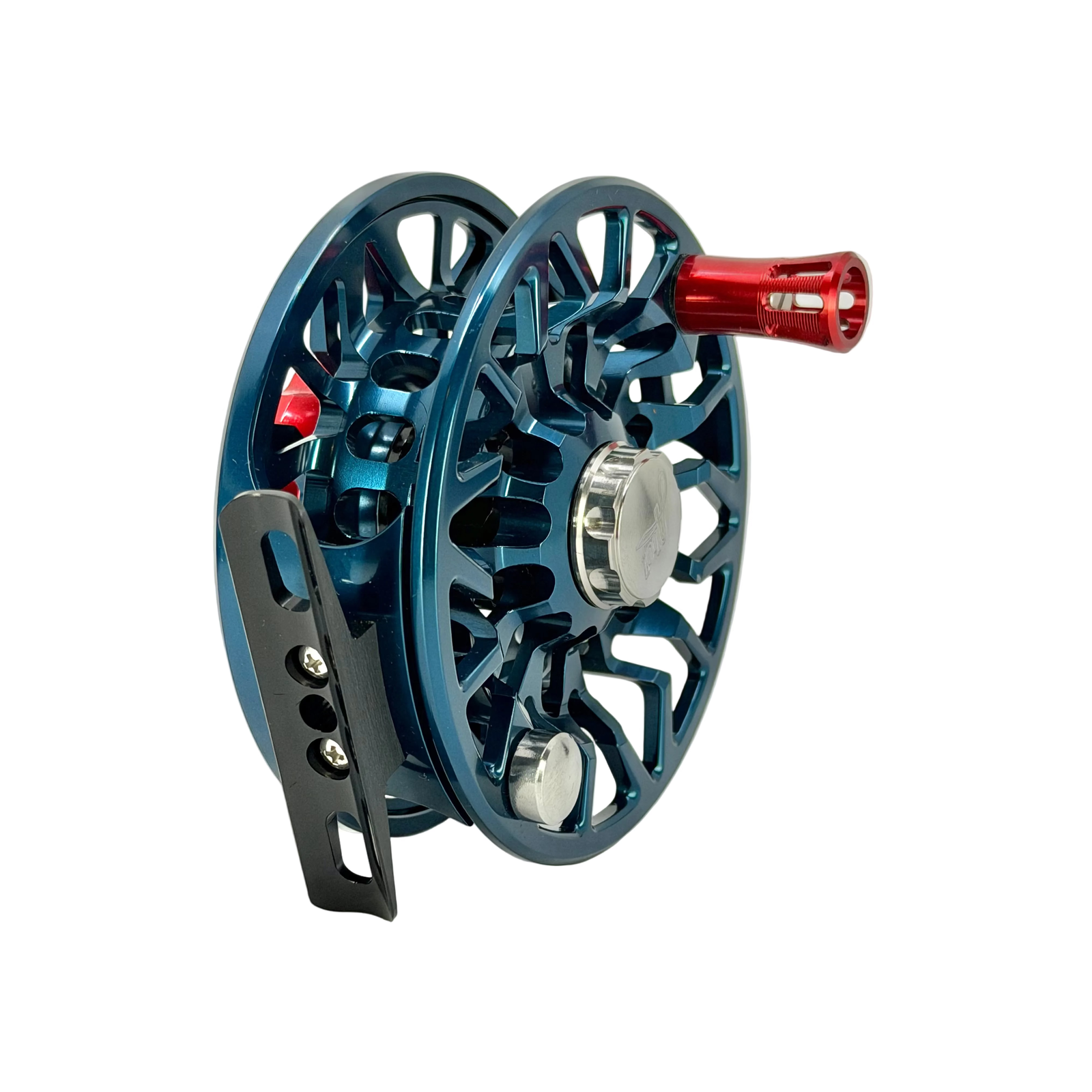 Abel SDS 7/8 saltwater fishing reel side view with deep blue frame, red drag knob, and geometric cutouts