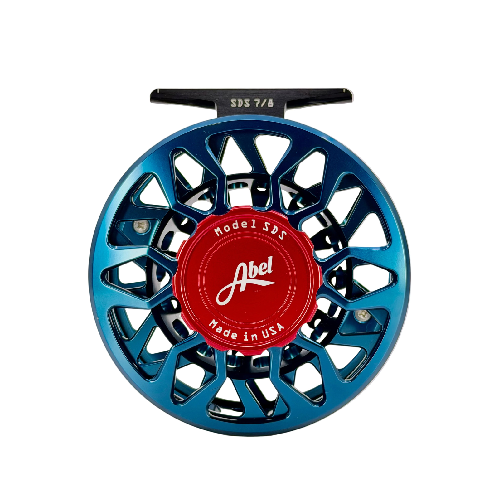 Abel SDS 7/8 reel front view showing red 'Made in USA' drag knob and deep blue webbed frame design
