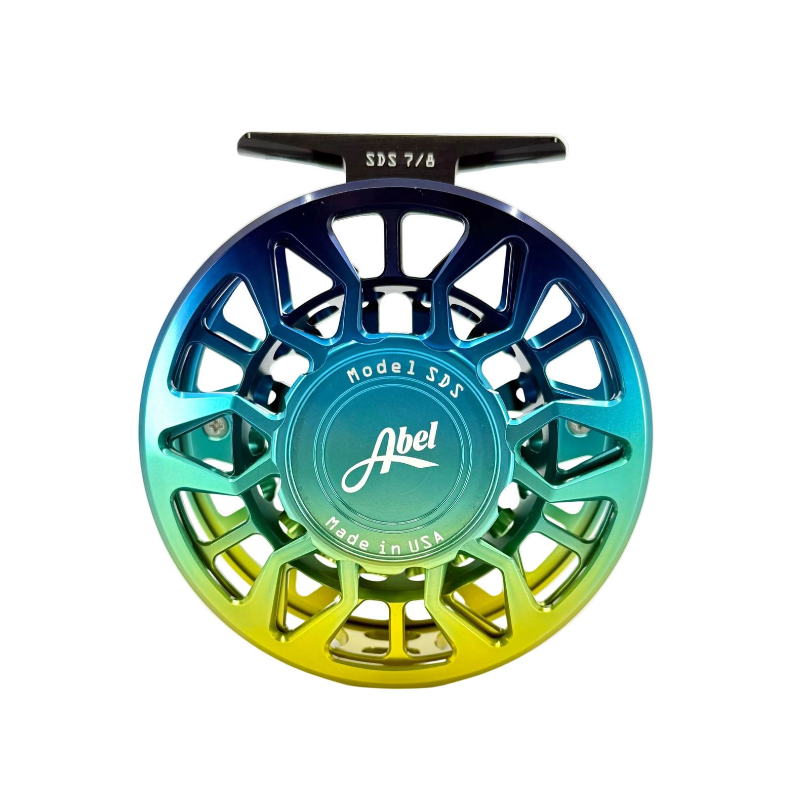 Front view of Abel SDS 7/8 reel showing 'Made in USA' hub and geometric cutout spool