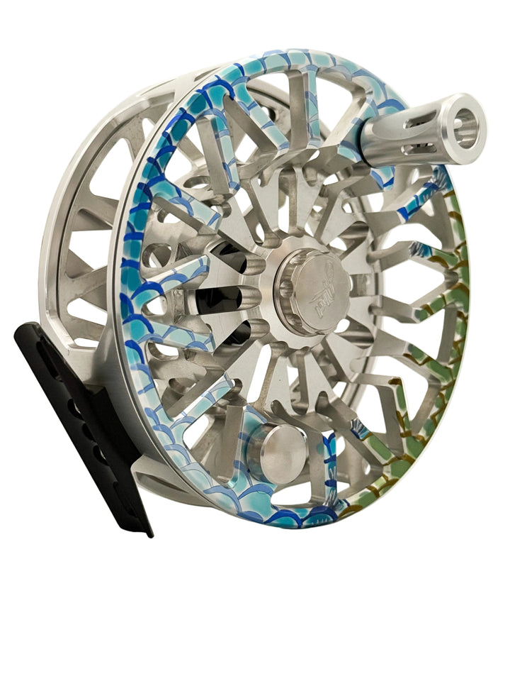 Abel SDX 9/11 fly reel with platinum handle and classic tarpon drag knob