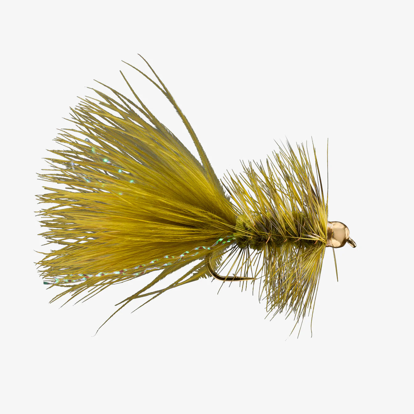 Olive BH Wooly Bugger streamer fly with gold bead head and iridescent tinsel