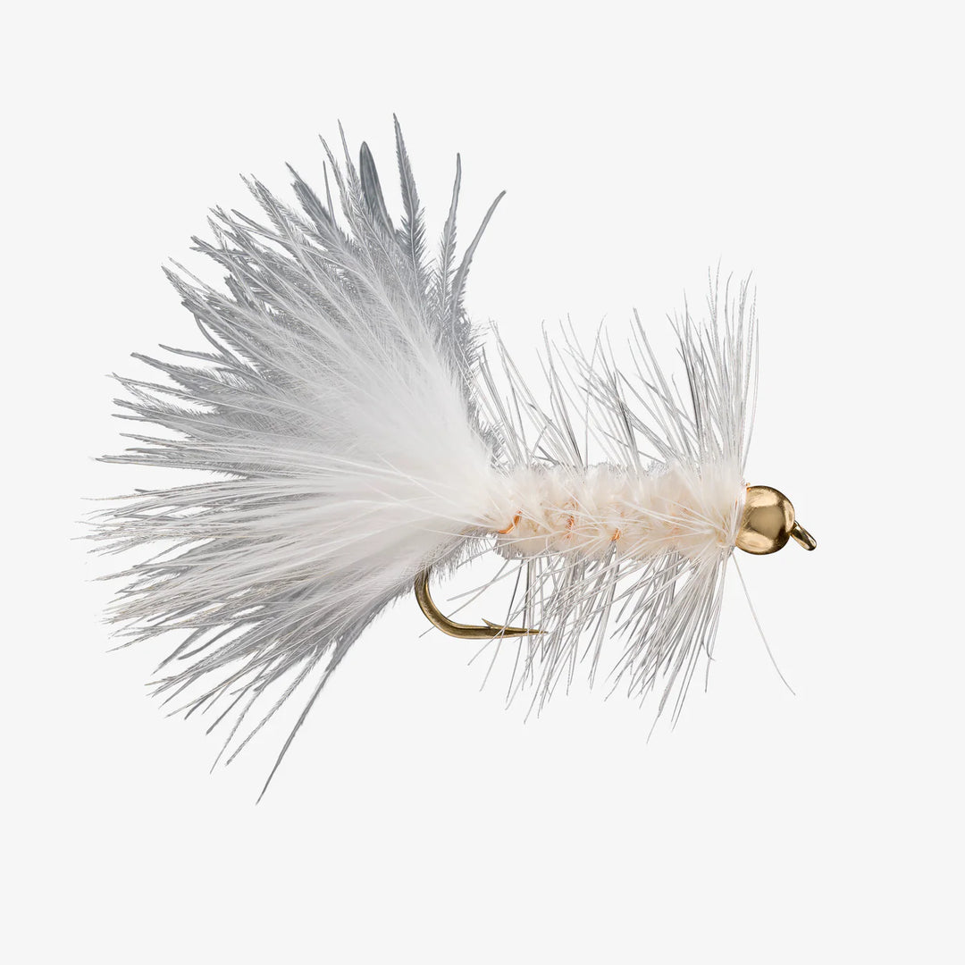 White Rio Wooly Bugger streamer fly with gold head and feather tail