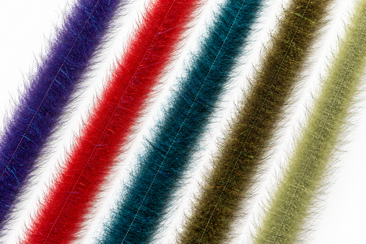 Assorted colors EP Foxy Brush fly tying materials including purple, red, and teal