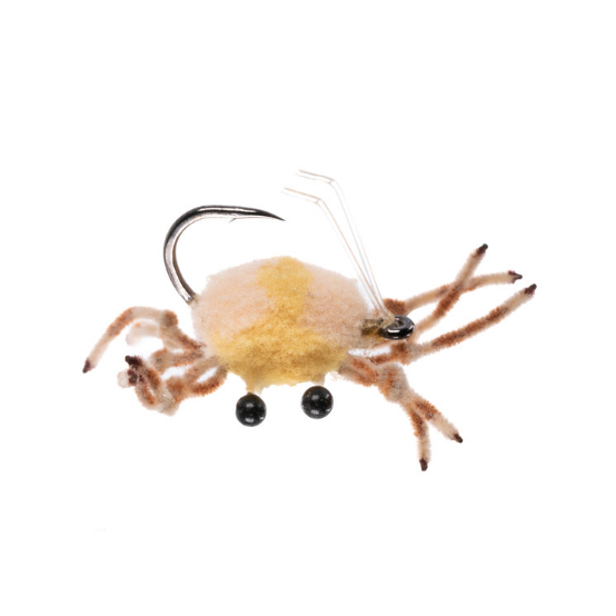 Umpqua McFly Crab fly in pale yellow ultra micro chenille with black bead eyes