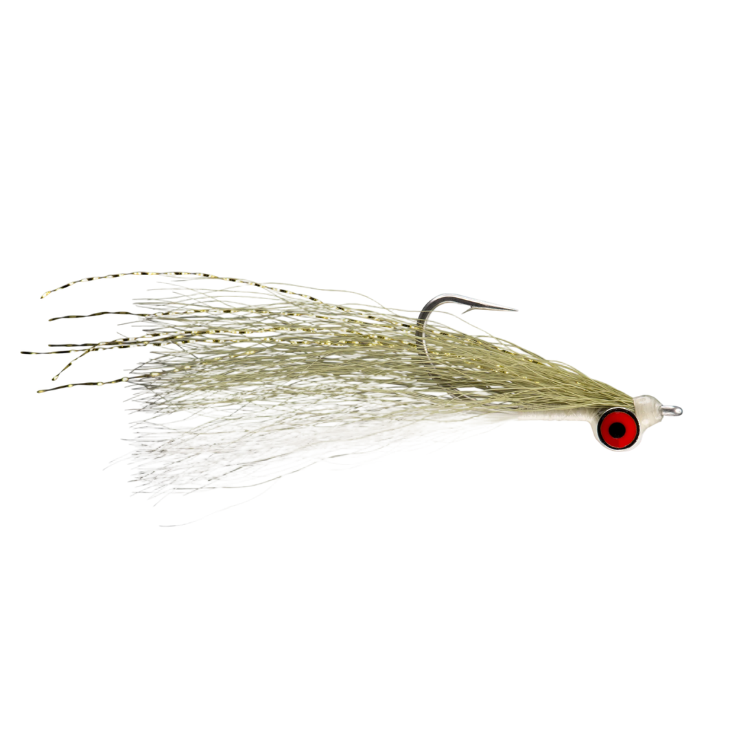 Olive and white Clouser Minnow fly with lead dumbbell eyes for jigging action