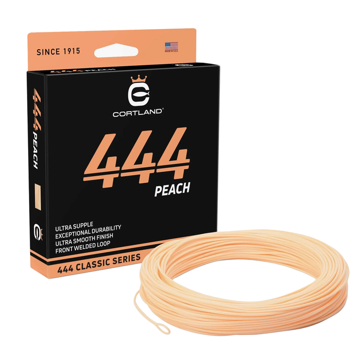 Cortland 444 Peach fly line packaging with coiled braided nylon floating line