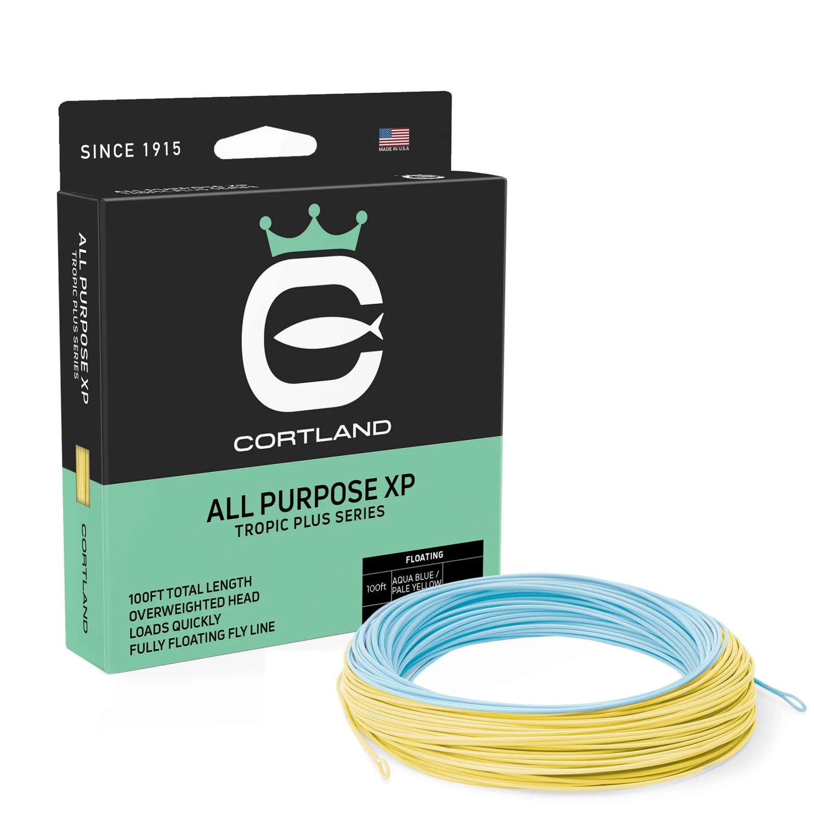 Cortland All Purpose XP floating fly line in Aqua Blue and Pale Yellow, coiled next to packaging