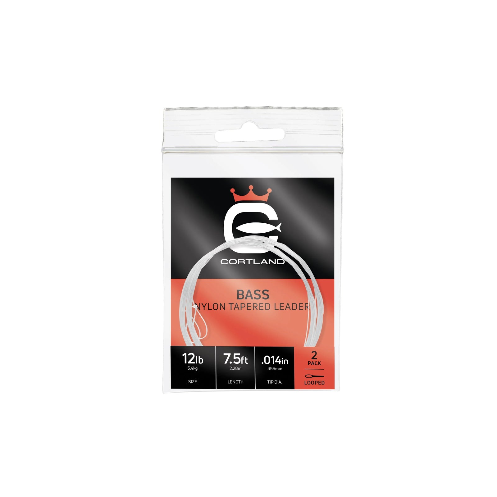 Cortland Bass Nylon Tapered Leader 2 Pack, 7.5 ft, 12 lb test, clear abrasion-resistant fishing leader in retail packaging