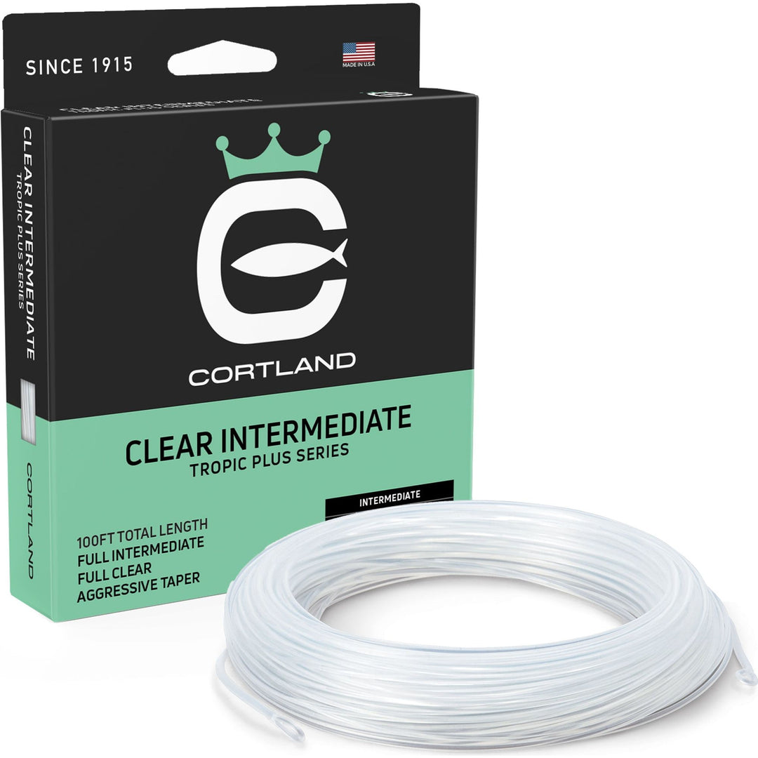 Cortland Tropic Clear Intermediate fly line packaging showing mint green box and clear line coil