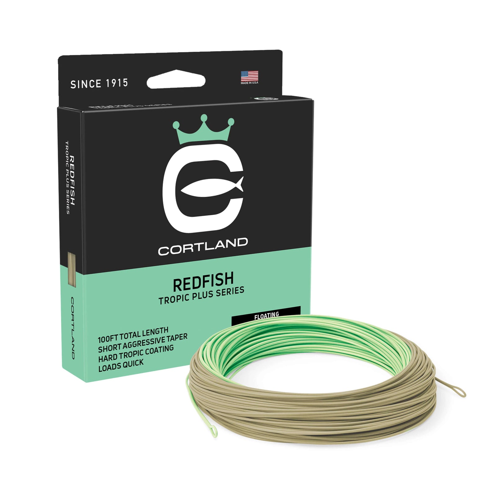 Cortland Redfish Tropic Plus floating fly line packaging and tan line with mint green tip