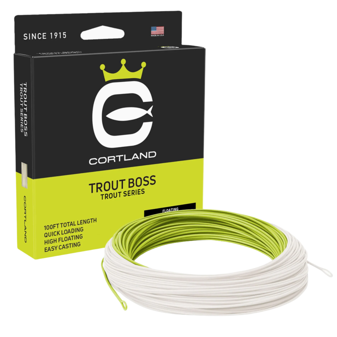 Cortland Trout Boss floating fly line in chartreuse and white with packaging highlighting quick loading and high floating features