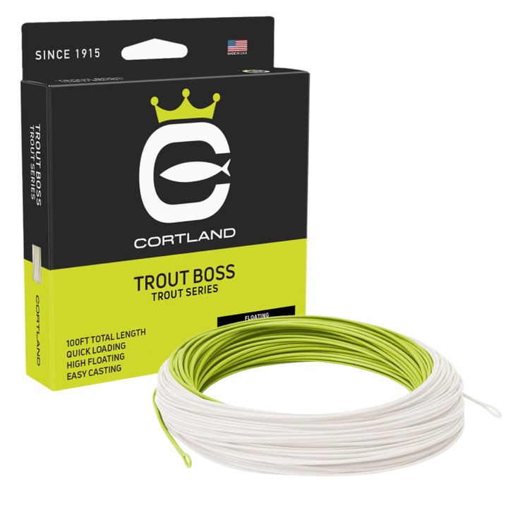 Cortland Trout Boss floating fly line in chartreuse and white with packaging highlighting quick loading and high floating features