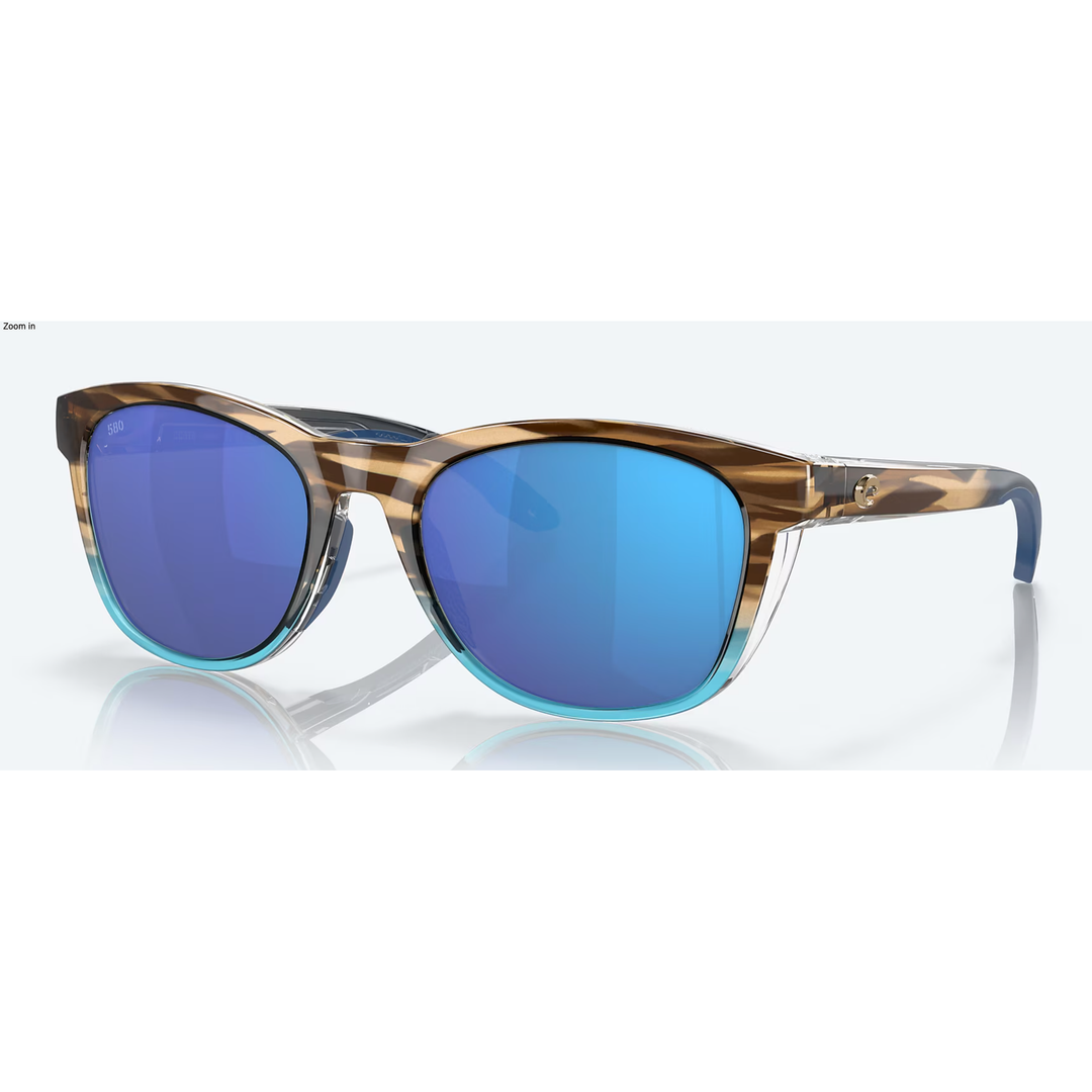 Costa Aleta sunglasses with blue mirror polarized lenses and translucent tortoise shell frames