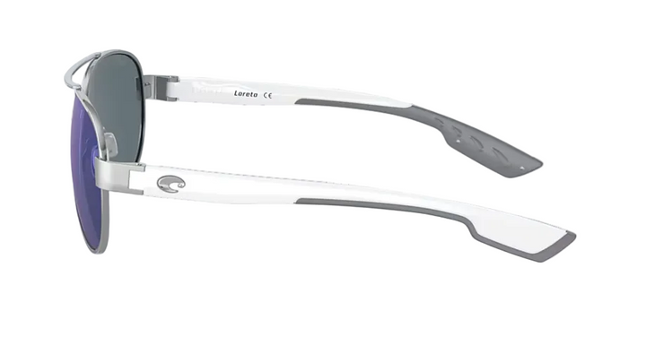 Close-up of Costa Loreto sunglass arm featuring gray non-slip tips and CE marking