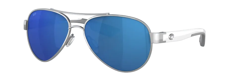 Side view of Costa Del Mar Loreto sunglasses showing white temple arms and fish logo