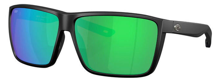 Side view of Costa Rincon II matte black frames showing silver logo and temple detail