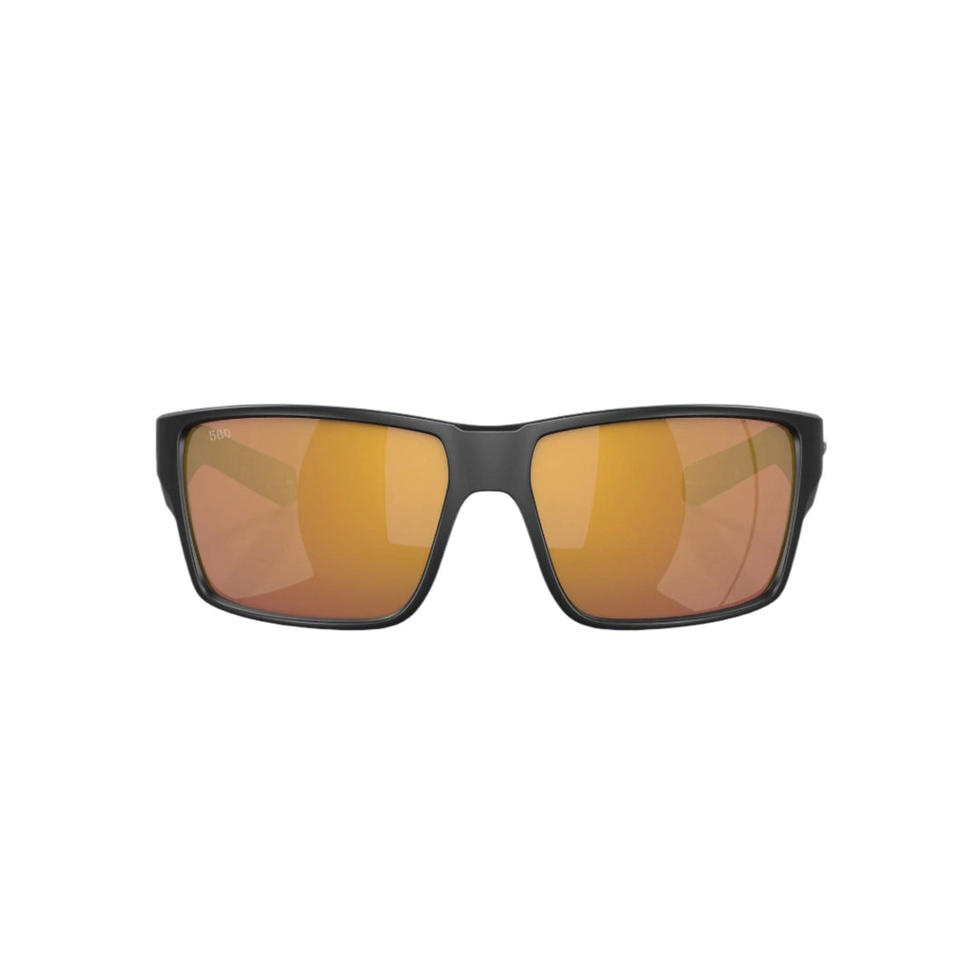 Front view of Costa Reefton PRO polarized sunglasses with matte black frame and amber gold mirror lenses