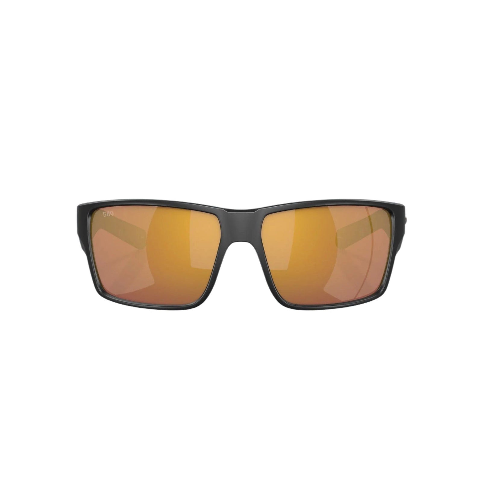 Front view of Costa Reefton PRO polarized sunglasses with matte black frame and amber gold mirror lenses