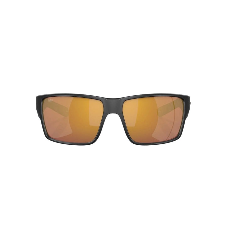 Front view of Costa Reefton PRO polarized sunglasses with matte black frame and amber gold mirror lenses