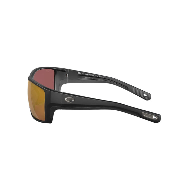 Costa Reefton PRO sunglasses side view showing matte black frame, gold mirror lenses, and temple details