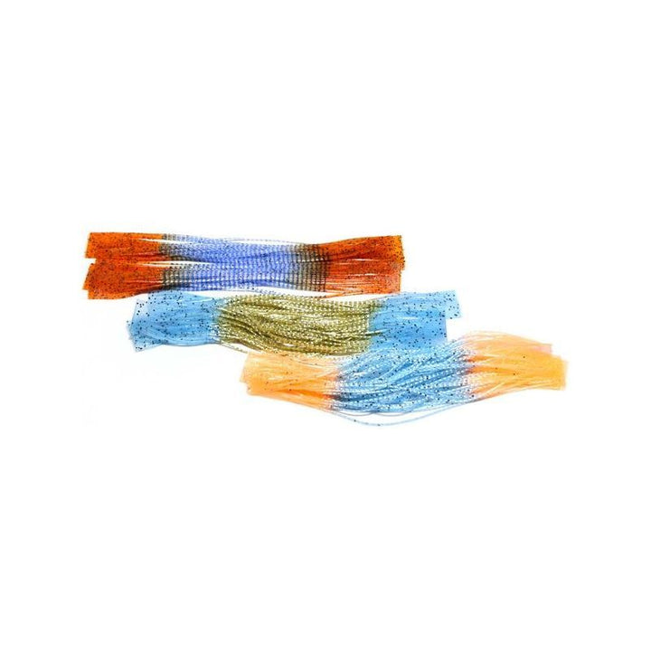 Hareline Crab Crusher fly tying legs in orange blue, olive green, and light blue checkered bundles