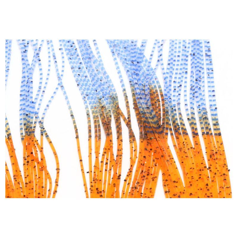 Close-up of Hareline Crab Crusher fly tying legs showing orange speckled tip and blue black checkered pattern