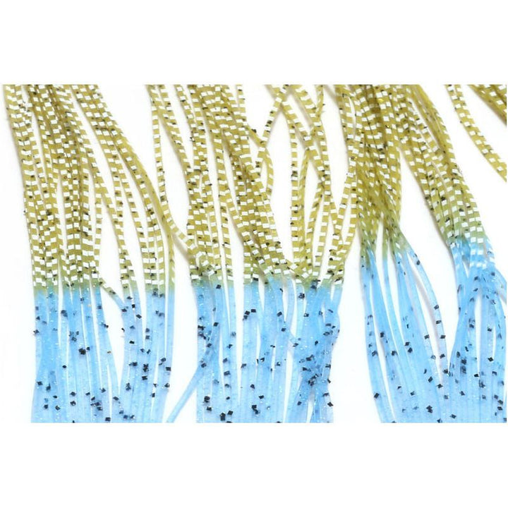 Olive green and light blue speckled Hareline Crab Crusher fly tying legs close-up