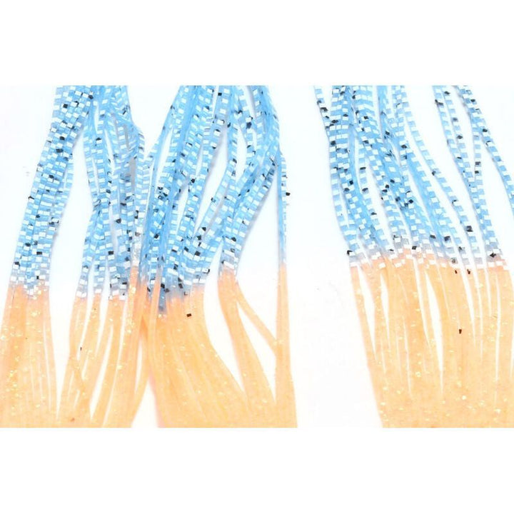 Glitter peach and light blue checkered Hareline Crab Crusher fly tying leg strands detail