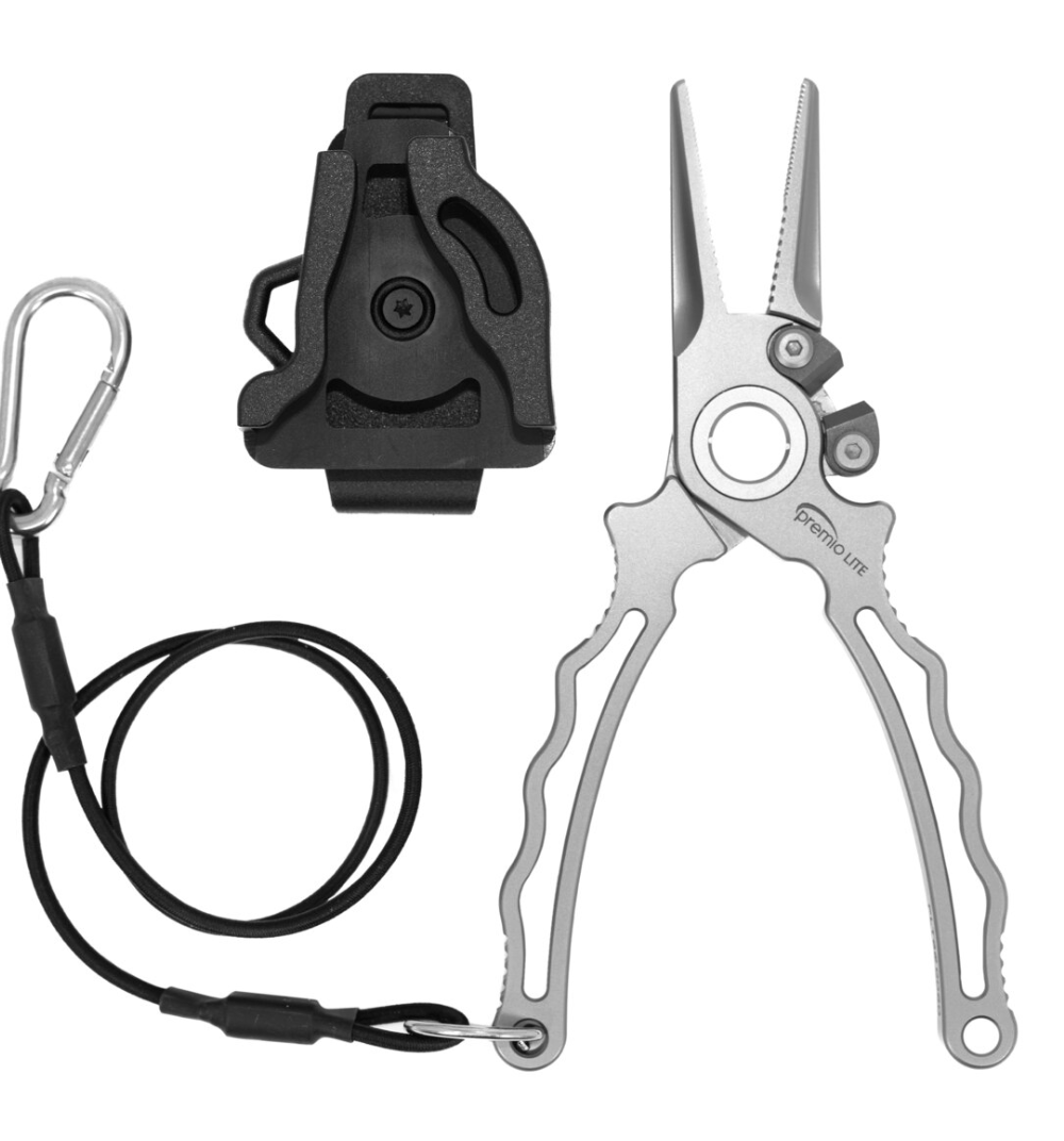Danco 6 Premio Lite fishing pliers with titanium cutters, lanyard, and clip holder