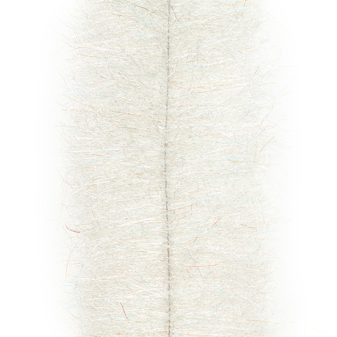 Detail view of white EP fiber brush with mixed blue, orange, and red UV sparkle strands