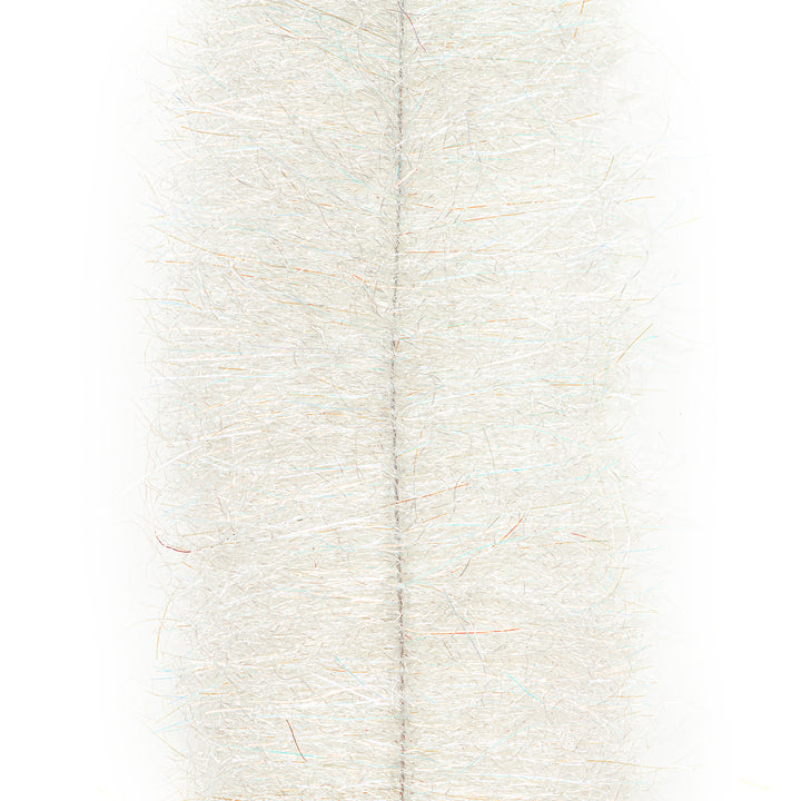 Detail view of white EP fiber brush with mixed blue, orange, and red UV sparkle strands