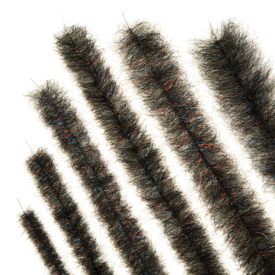 Set of six black EP articulated fly tying brushes in ascending sizes with UV sparkle