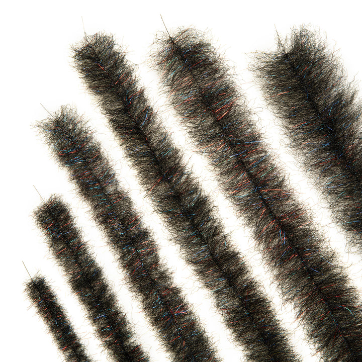 Set of six black EP articulated fly tying brushes in ascending sizes with UV sparkle