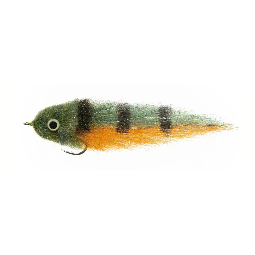 EP Baby Peacock fly with metallic green head, black bands, and orange tail for peacock bass