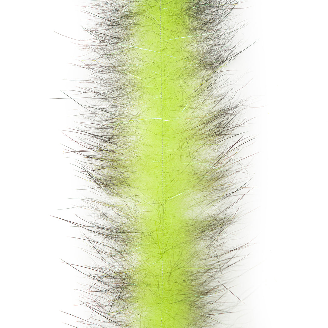 Chartreuse center with dark grey tipped EP Bunny Brush featuring silver flash