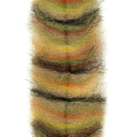 Olive green and rust orange segmented brush with mottled pattern for saltwater fly patterns