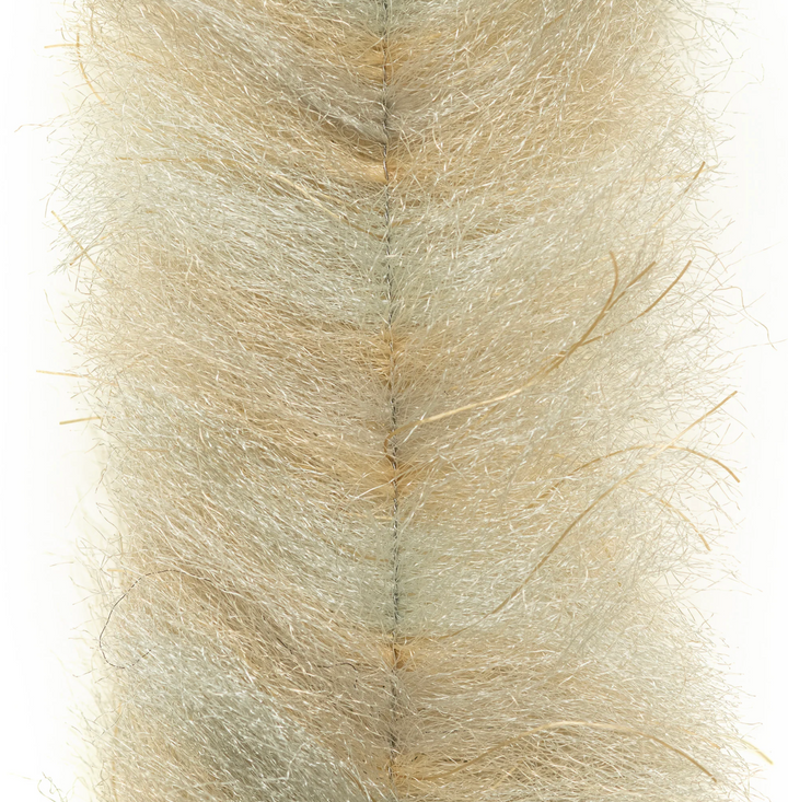 Pale beige and silver synthetic brush with sheen for realistic crustacean fly tying patterns