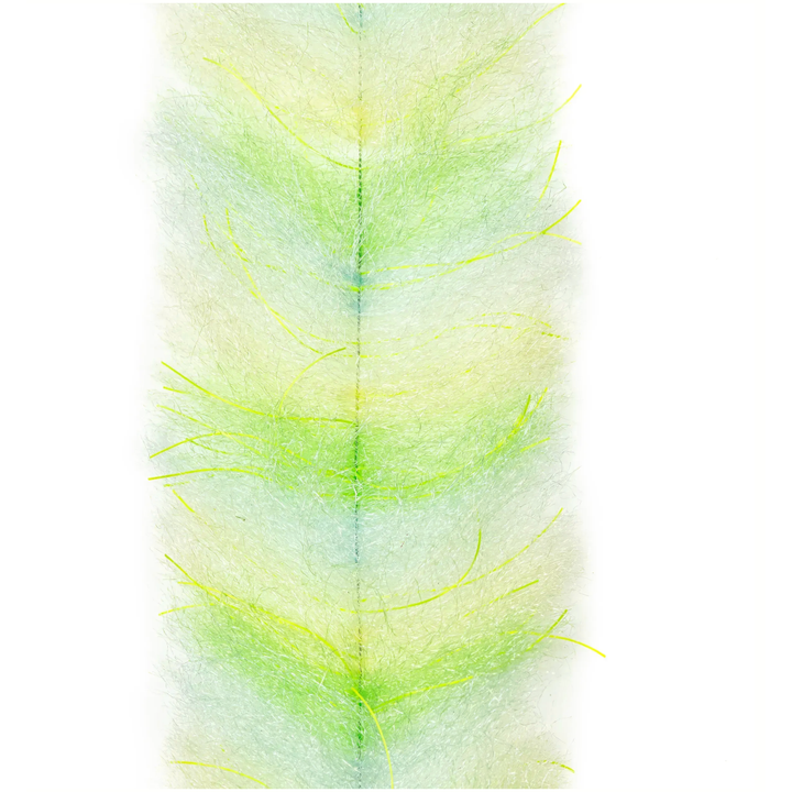 Neon lime green translucent brush with UV sparkle strands for high-visibility fly tying