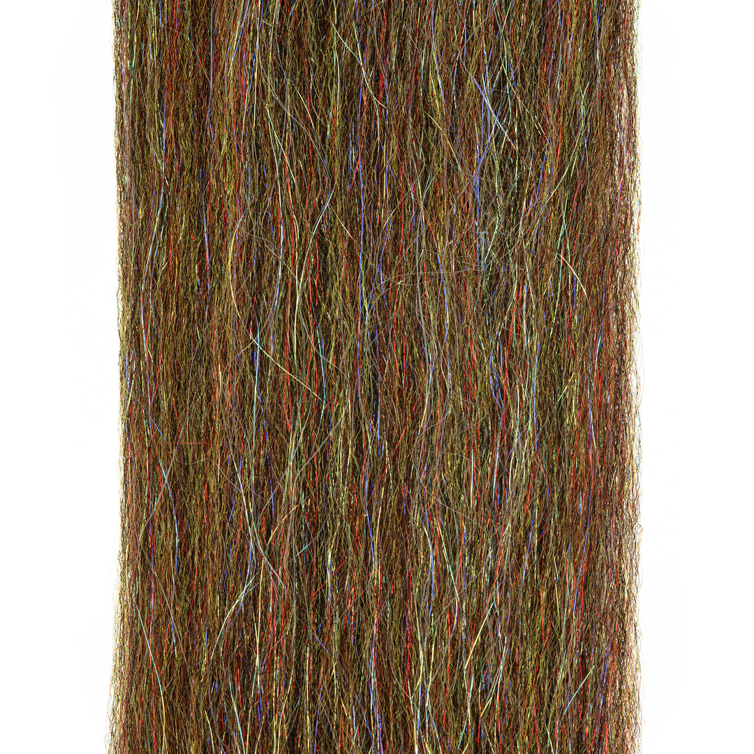 Dark brownish-olive synthetic fiber with red, blue, and silver iridescence